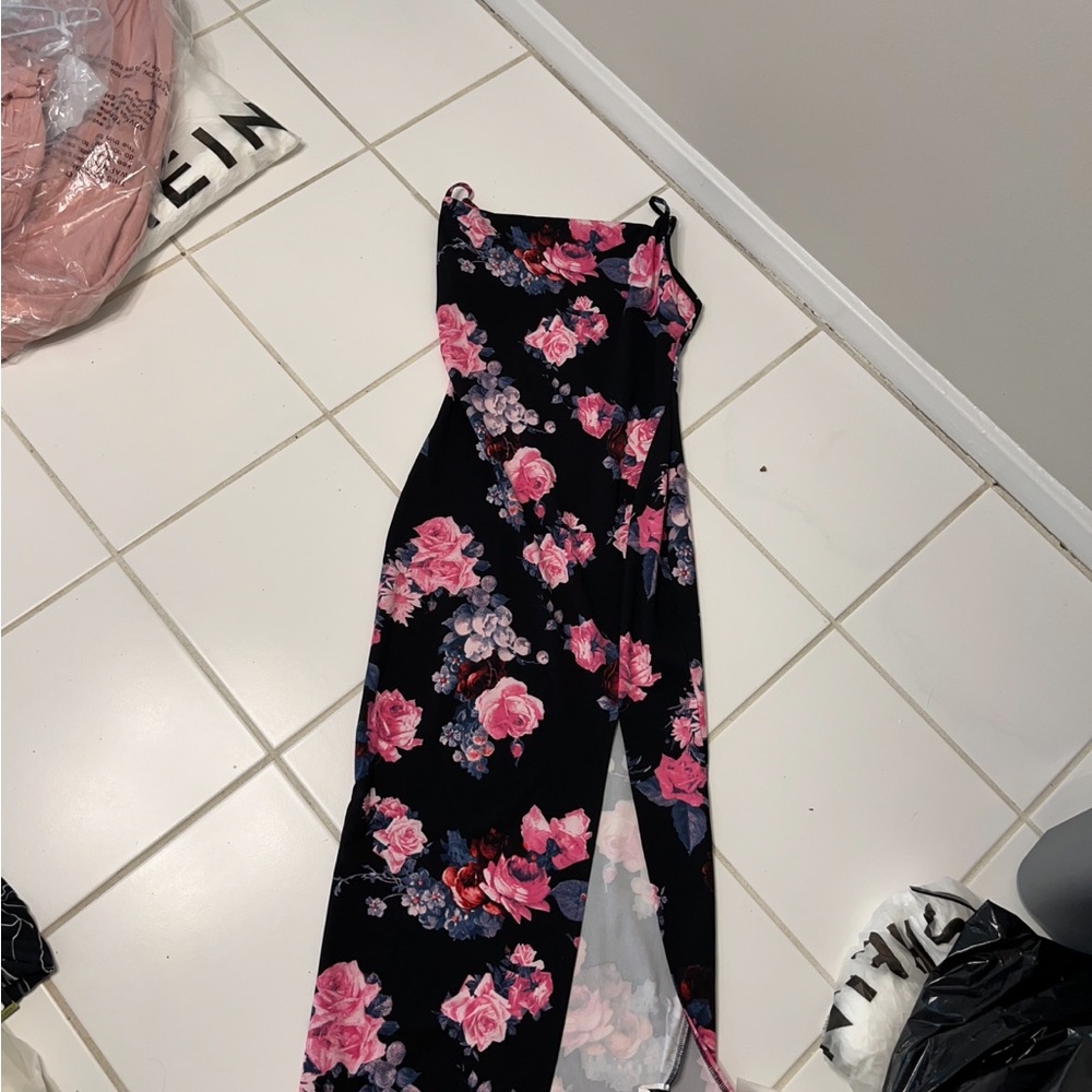 SHEIN Black Dress with Pink and Red Floral Design